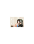 Classic anime girl mouse pad 14x10 inches, big-eyed girl in headphones, clean icons, studio desk vibe.