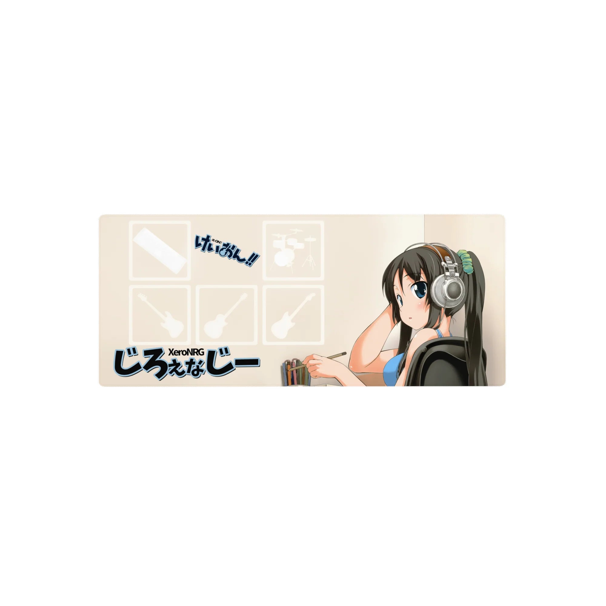 28x12 inches anime girl mouse pad with silver headphones, blue top, beige studio background and crisp icons.