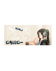 28x12 inches anime girl mouse pad with silver headphones, blue top, beige studio background and crisp icons.
