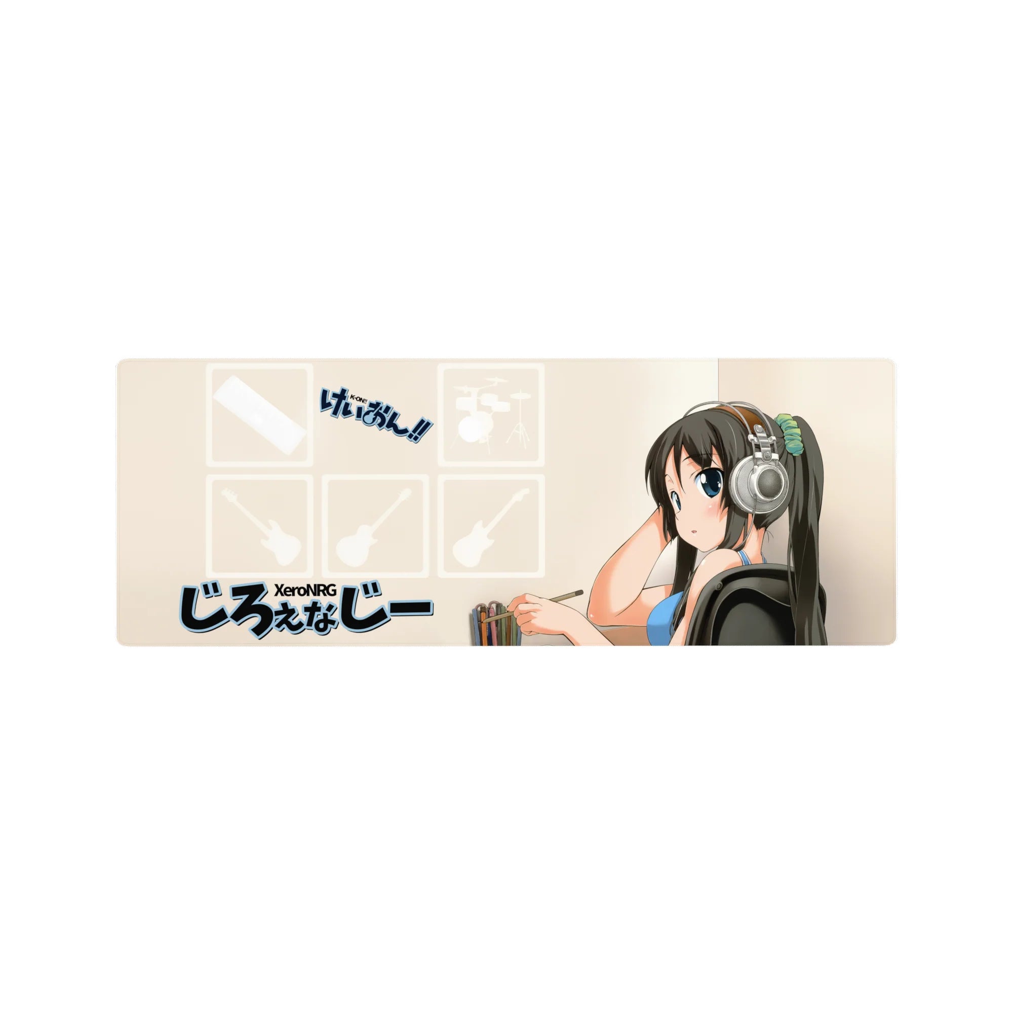 32x12 inches anime girl mouse pad with big-eyed girl in silver headphones, clean icons, studio desk vibe.