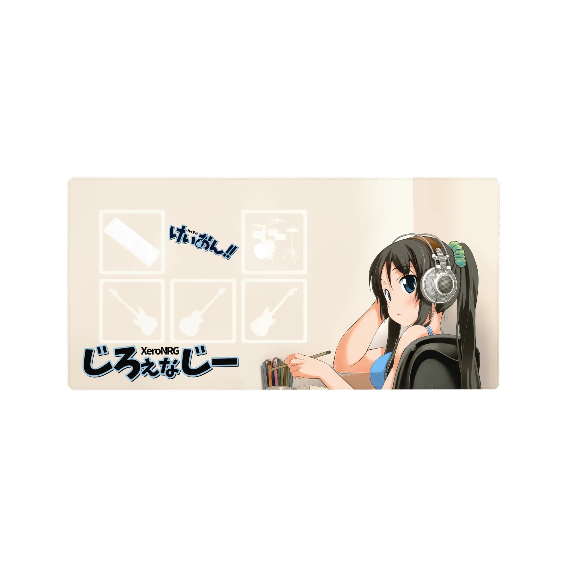 Anime girl mouse pad 32x16 inches with shy big-eyed girl in silver headphones, cozy studio desk design.