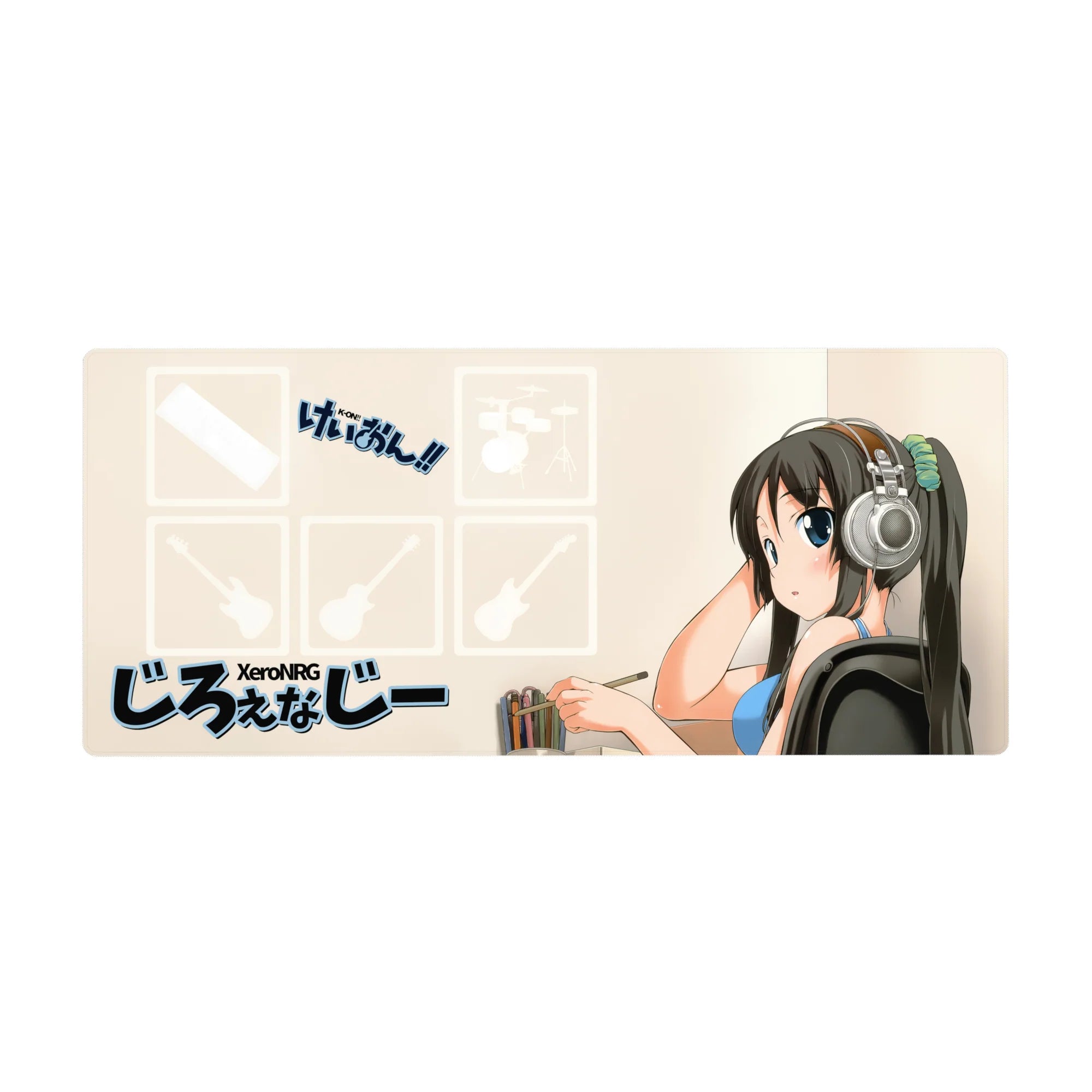Anime girl desk pad 36x16 inches with beige studio icons, clean lines, and silver headphone charm.