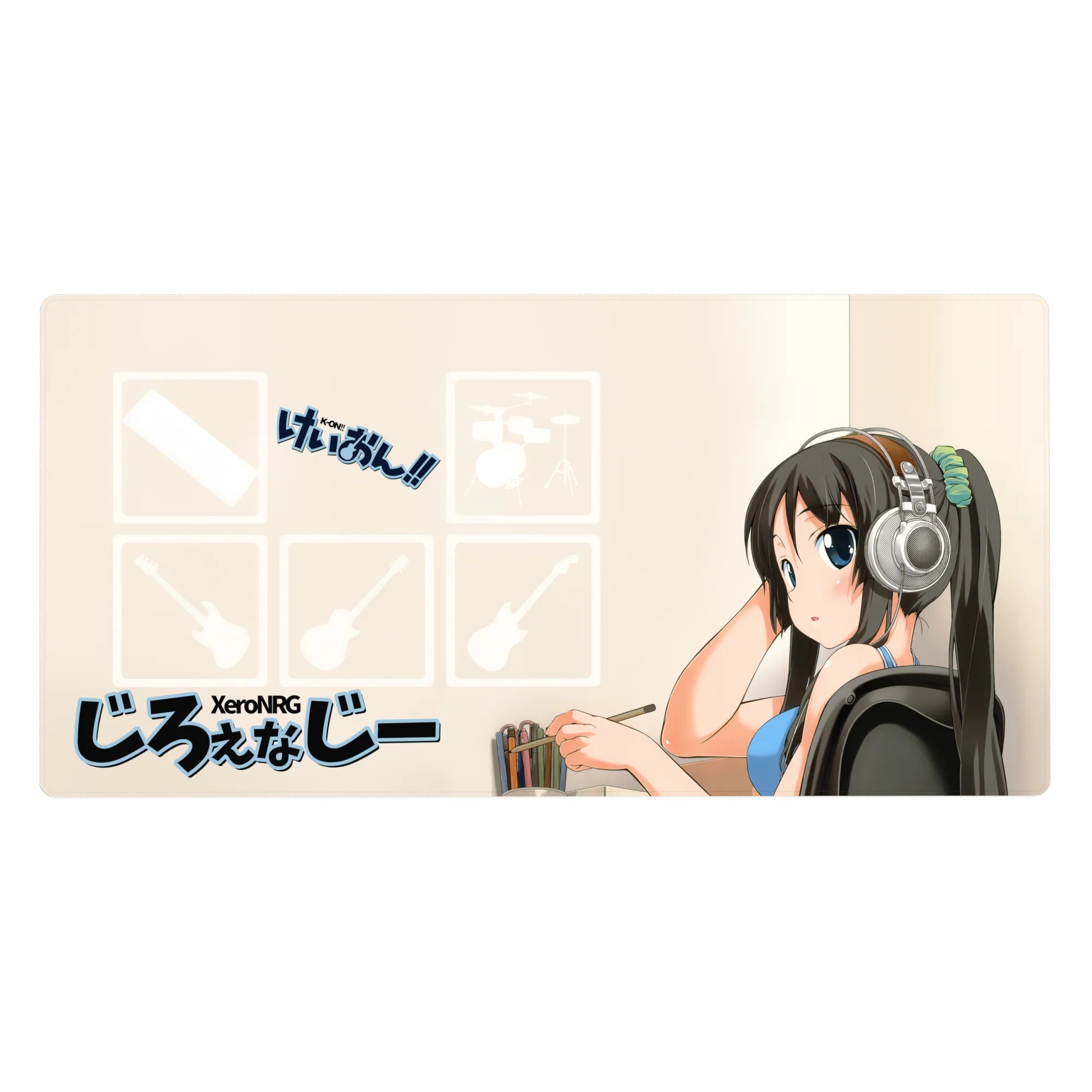 Anime girl desk pad 40x20 inches with shy headphone girl, blue top, mint scrunchie, and crisp icons.