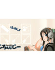 Anime girl desk pad 40x20 inches with shy headphone girl, blue top, mint scrunchie, and crisp icons.