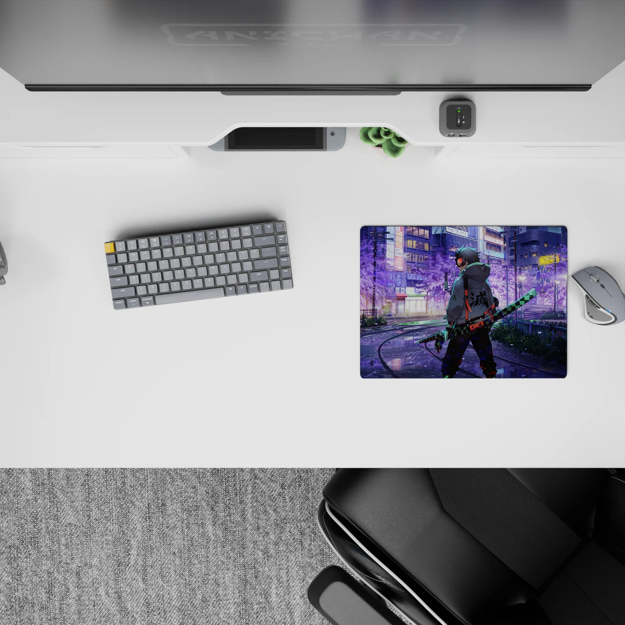 Tanjiro from Demon Slayer walks in neon-lit Tokyo with sakura tones, holding his blade. Anime mouse pad, 14x10 inches.