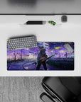 Tanjiro walks in neon-lit city with sakura tones, iconic blade ready. Anime mouse pad size 28x12 inches.
