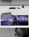 Anime mouse pad featuring Tanjiro from Demon Slayer walking in neon-lit city, sakura tones; size 32x12 inches.