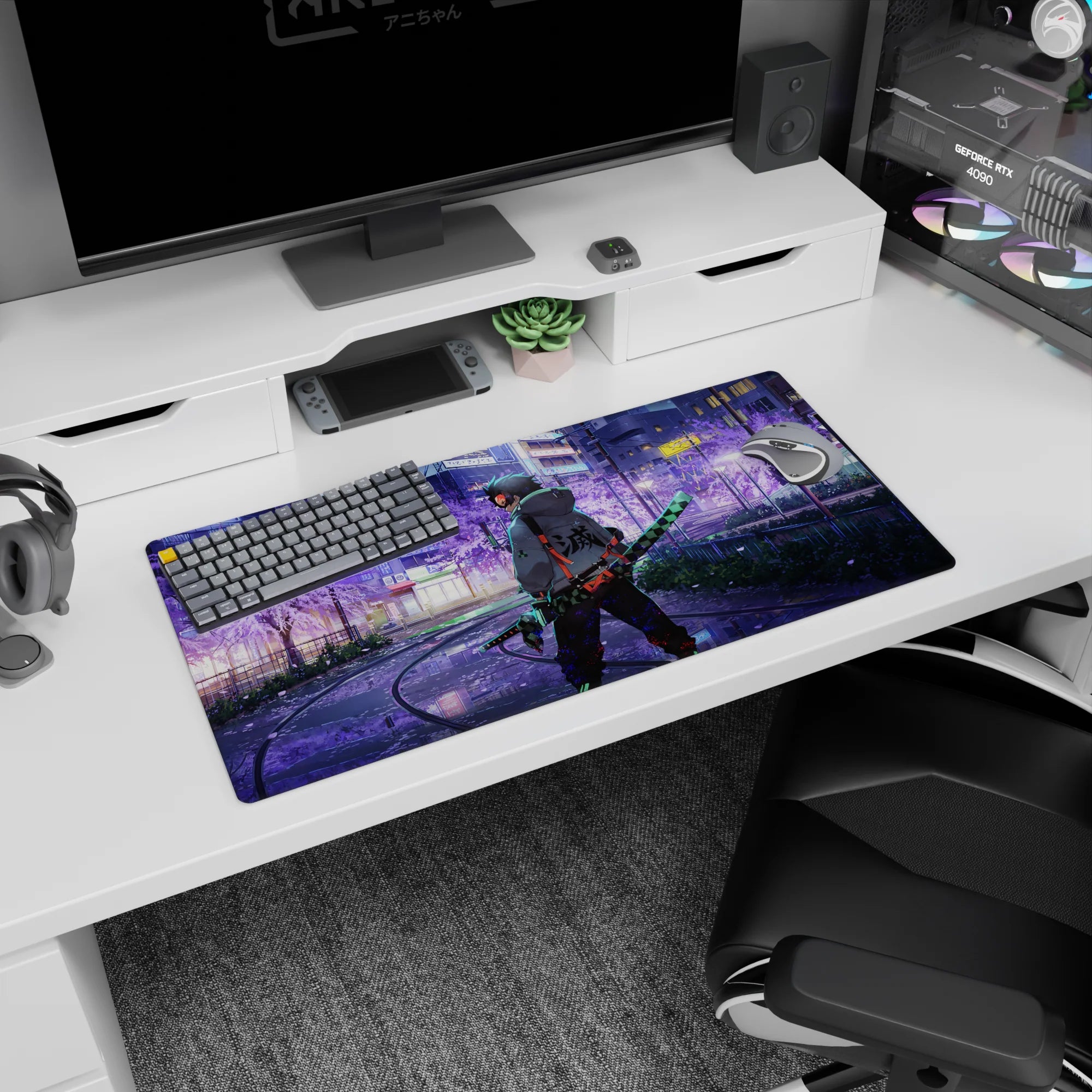 Tanjiro in neon-lit city with sakura tones, wielding checkered blade on 32x16 inch anime mouse pad.