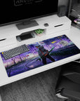 Tanjiro from Demon Slayer walks in neon-lit Tokyo with sakura tones on a 36x16 inch anime desk pad, clutching his blade.