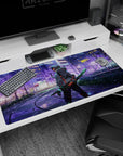 Tanjiro from Demon Slayer strolls neon city streets, sakura tones, iconic blade; anime mouse pad 40x20 inches.