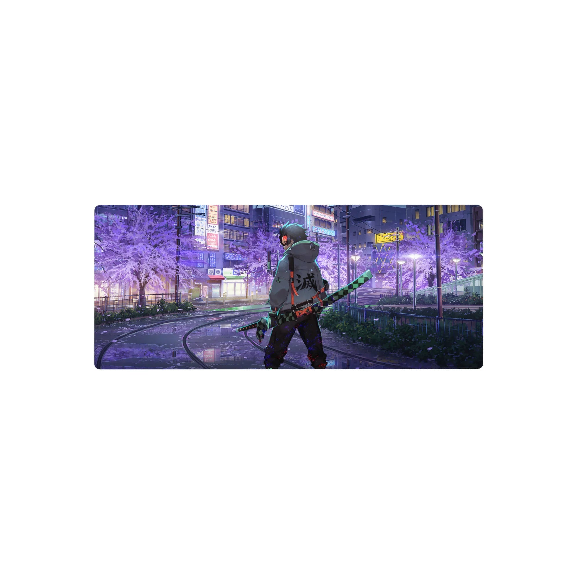 Anime mouse pad 28x12 inches featuring Tanjiro from Demon Slayer, walking through neon-lit city streets with sakura tones.