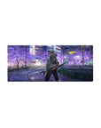 Anime mouse pad 28x12 inches featuring Tanjiro from Demon Slayer, walking through neon-lit city streets with sakura tones.