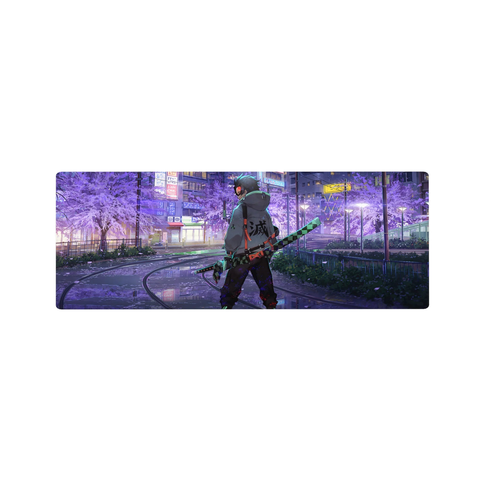 Anime mouse pad 32x12 inches featuring Tanjiro from Demon Slayer walking through neon-lit city streets with sakura tones.