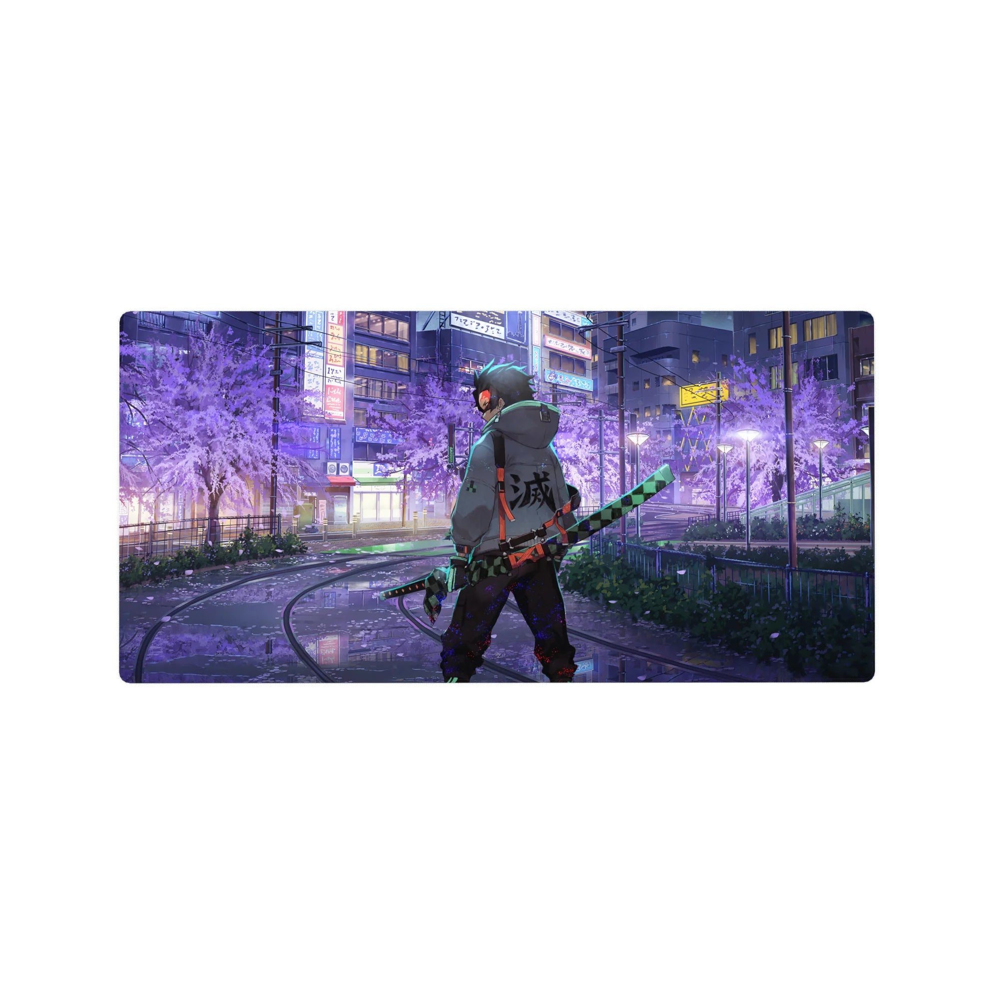 Anime mouse pad 32x16 inches featuring Tanjiro in neon-lit city with sakura tones, iconic checkered blade in hand.