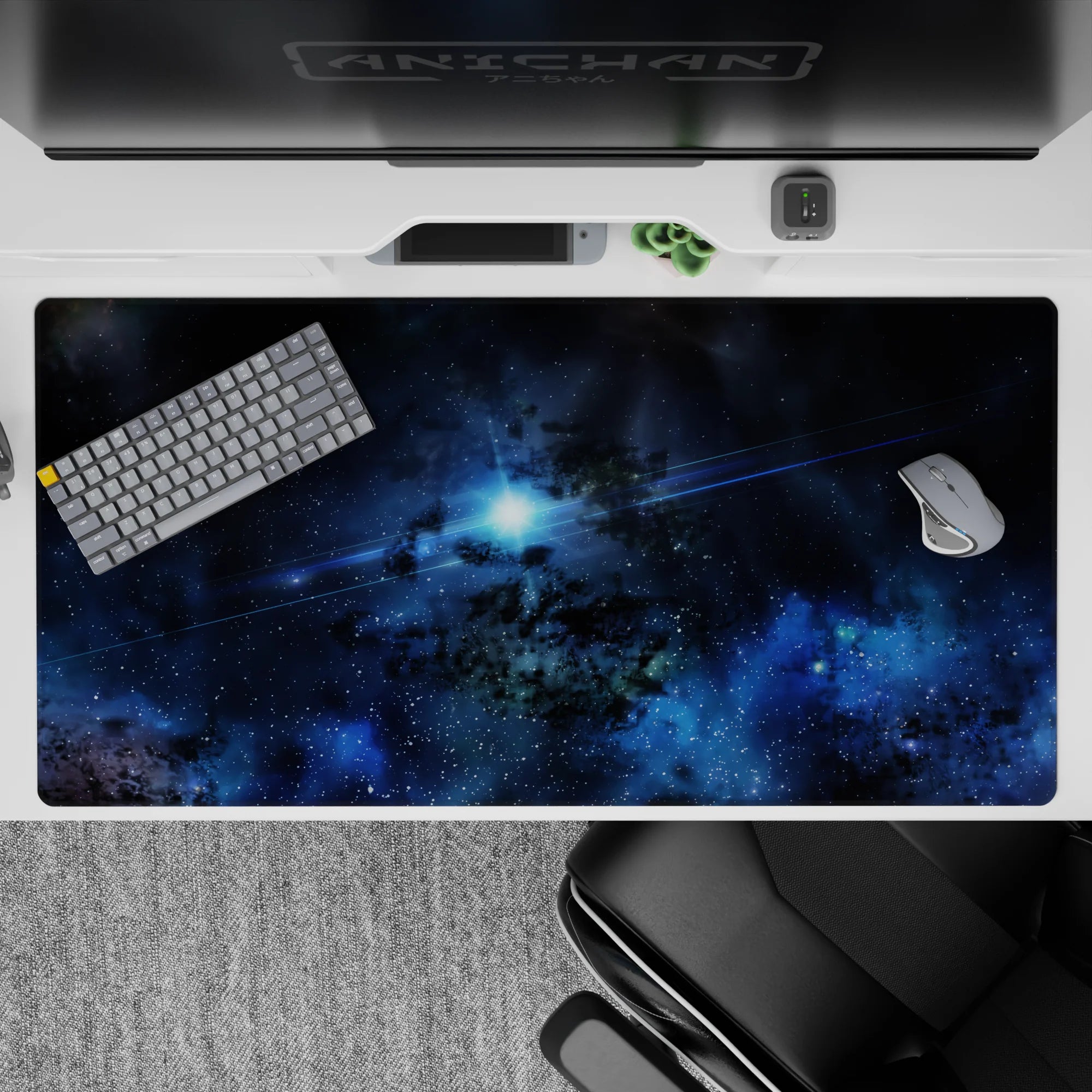 Midnight blue and smoky black desk pad 40x20 inches with calm galaxy haze and crisp starry contrast.