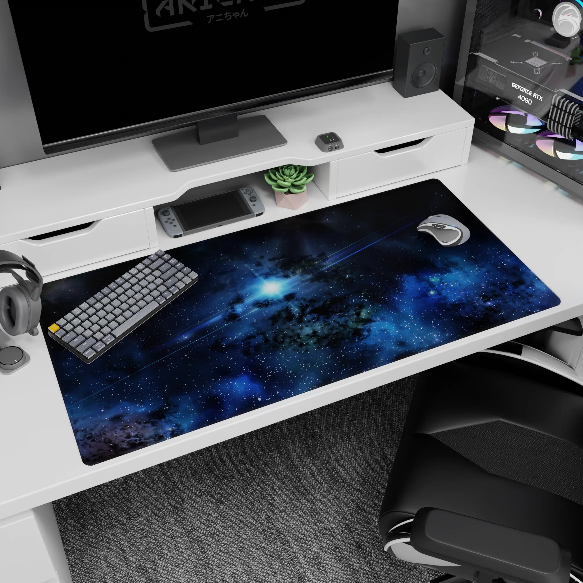Starfield desk pad 40x20 inches featuring a vivid streaking flare across swirling nebula clouds.