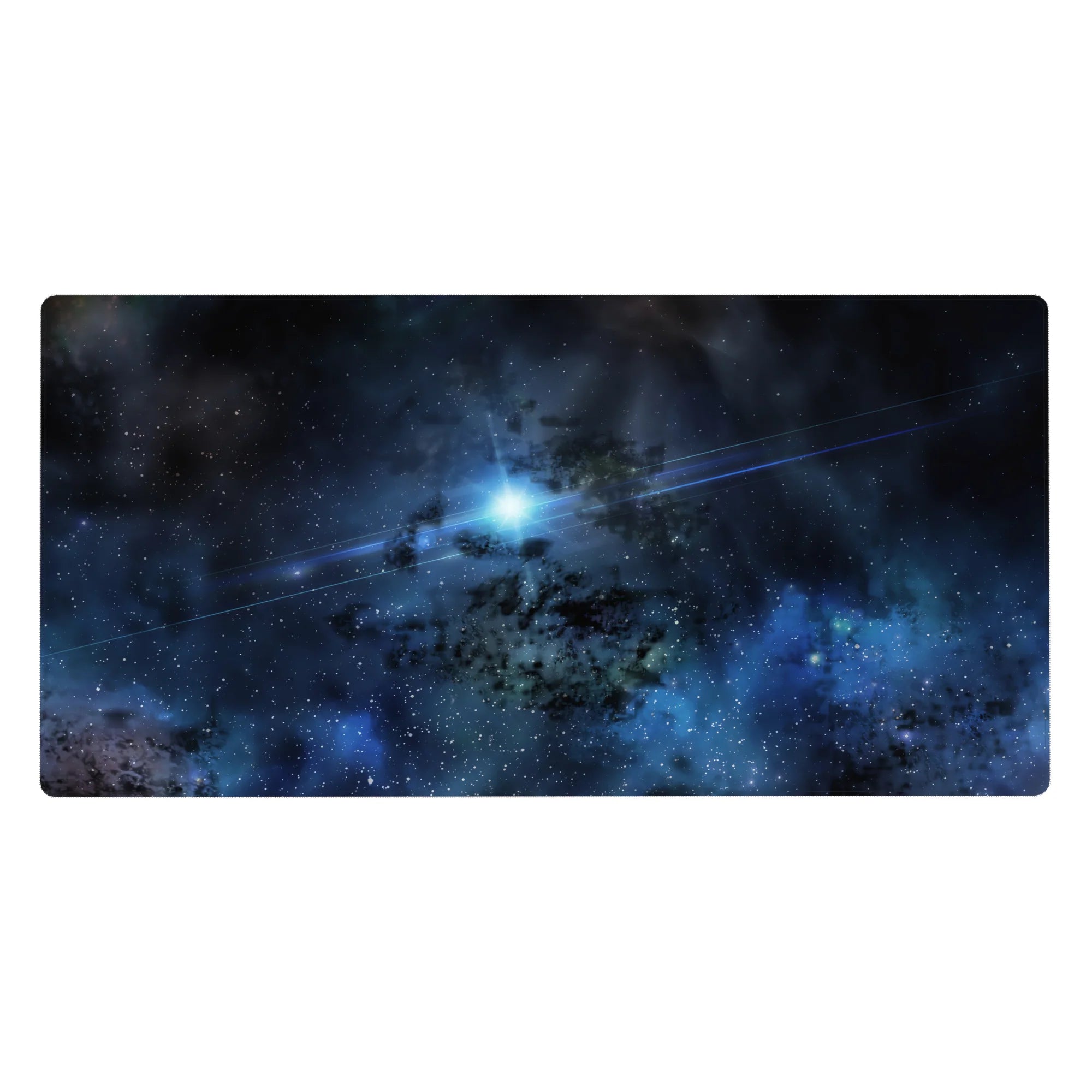 Deep-space nebula desk pad 40x20 inches with star-specks and a bright shooting flare for a cosmic workspace.