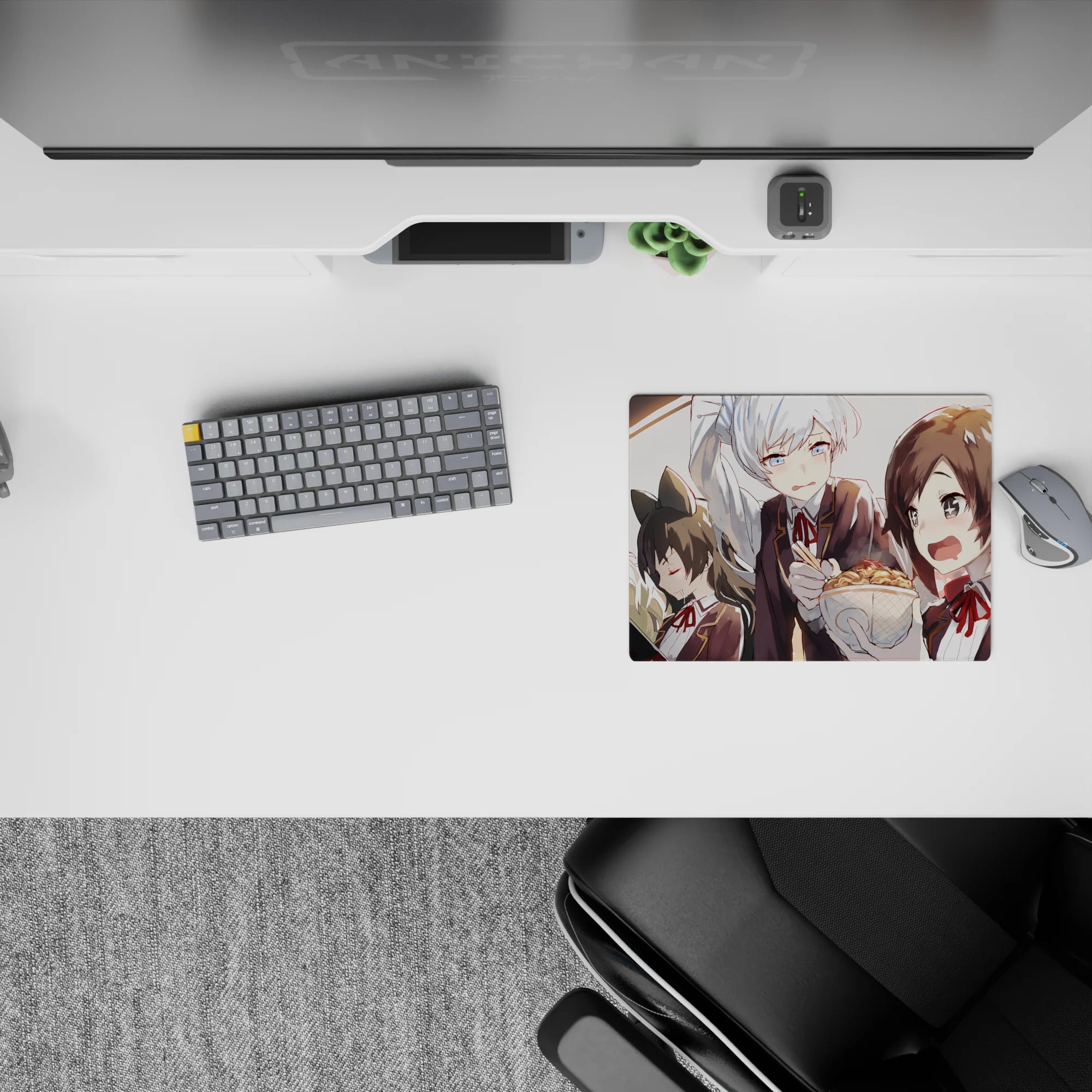Warm sunset anime girl mouse pad 14x10 inches with honey-gold cabin light and glossy blonde to silver hair.
