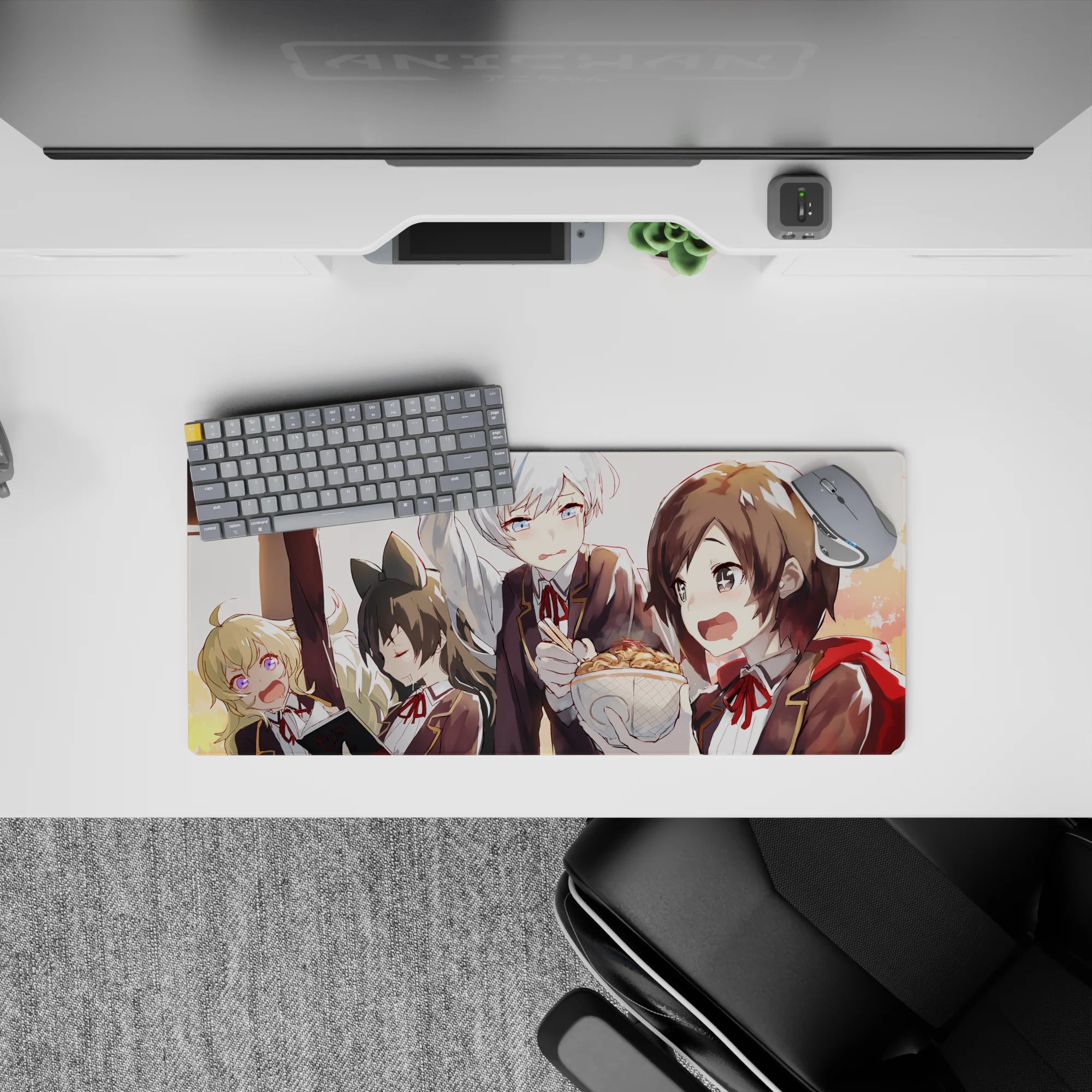 28x12 inches anime girl mouse pad in warm honey sunset tones with glossy blonde, black, and silver hair.