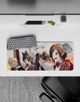28x12 inches anime girl mouse pad in warm honey sunset tones with glossy blonde, black, and silver hair.