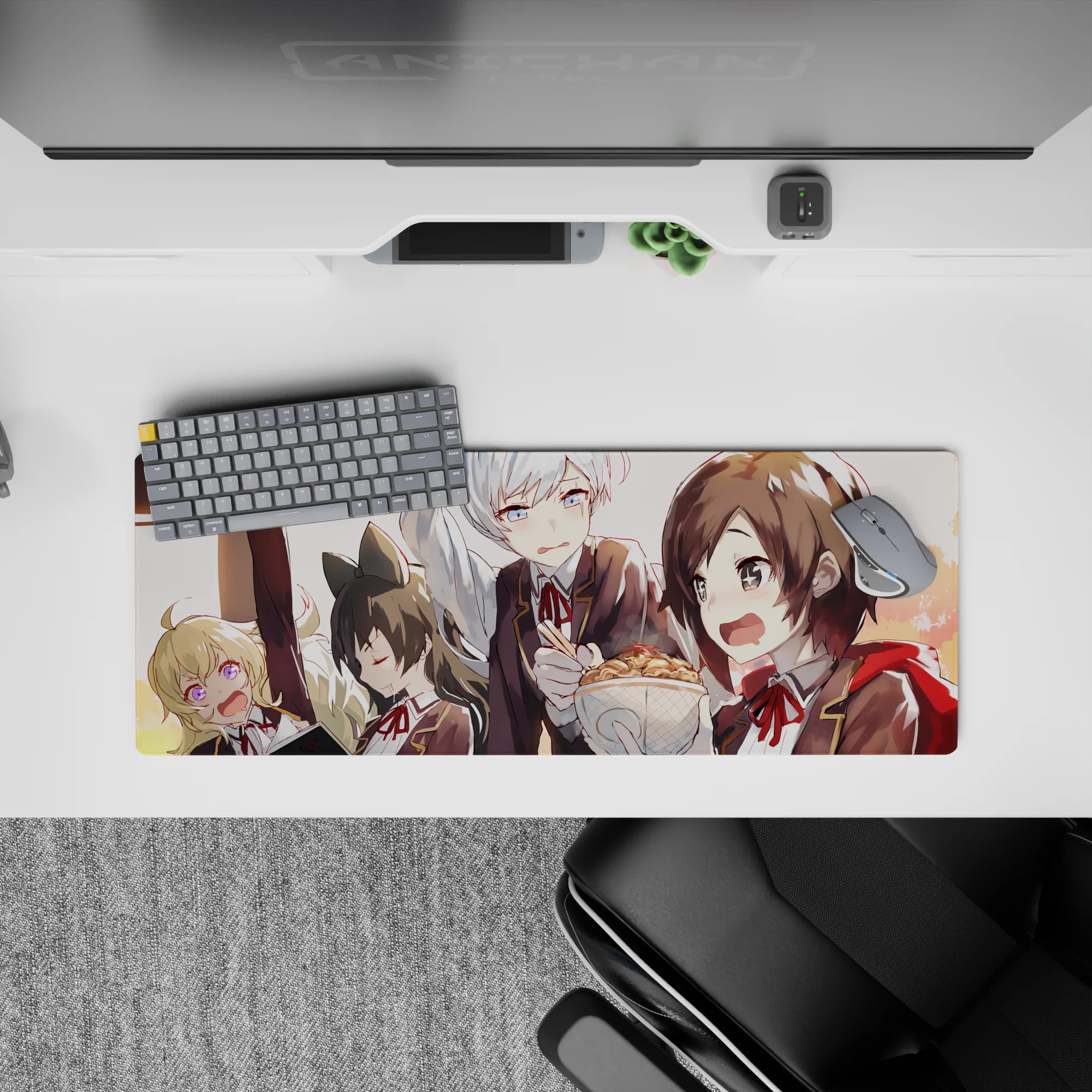 Warm sunset anime girl mouse pad 32x12 inches in honey-gold light, glossy hair highlights, cozy vibe.
