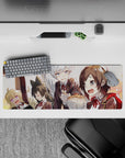 Warm sunset anime girl mouse pad 32x12 inches in honey-gold light, glossy hair highlights, cozy vibe.