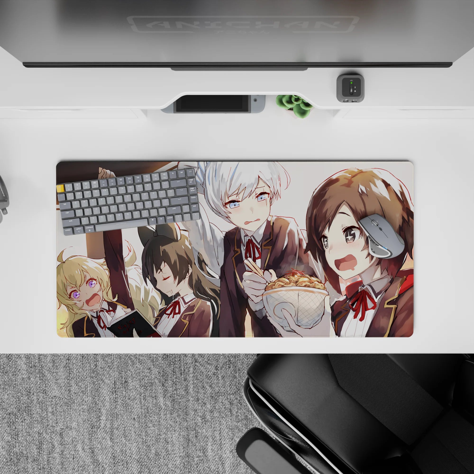 32x16 inches anime girl mouse pad in warm sunset gold, glossy hair highlights, cozy playful commute mood.