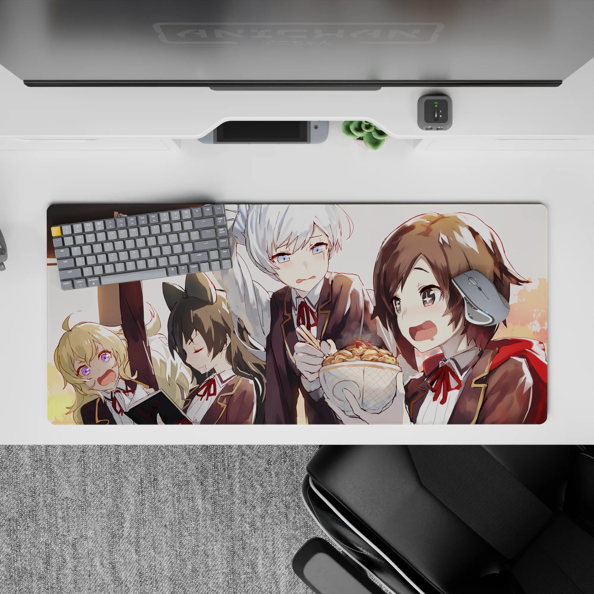 36x16 inches anime desk pad in warm honey sunset tones, glossy blonde/black/silver hair, cozy commute vibe.