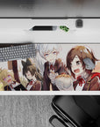 36x16 inches anime desk pad in warm honey sunset tones, glossy blonde/black/silver hair, cozy commute vibe.