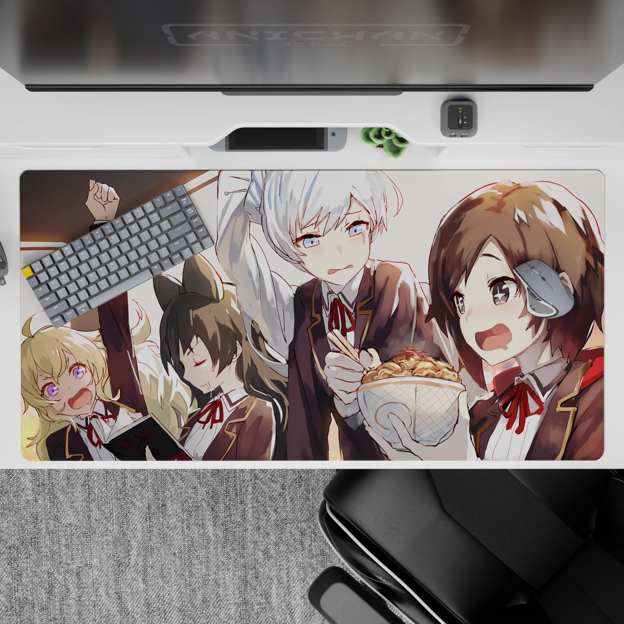 Cozy sunset-lit anime girl desk pad 40x20 inches with honey-gold glow and glossy blonde, black, silver hair.