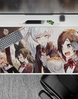 Cozy sunset-lit anime girl desk pad 40x20 inches with honey-gold glow and glossy blonde, black, silver hair.