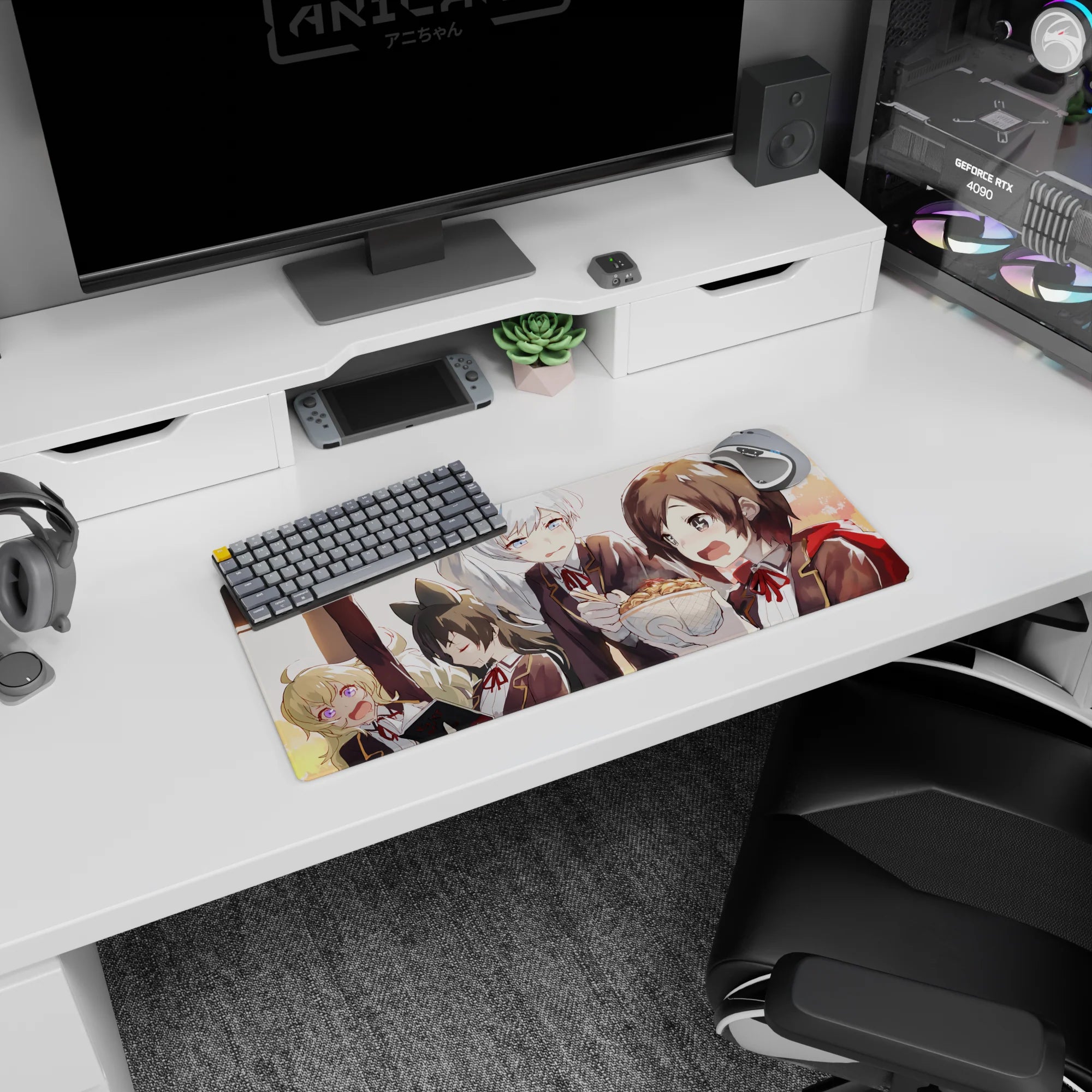 28x12 inches anime girl mouse pad showing four blushing schoolgirls guarding a steaming bowl on a train.
