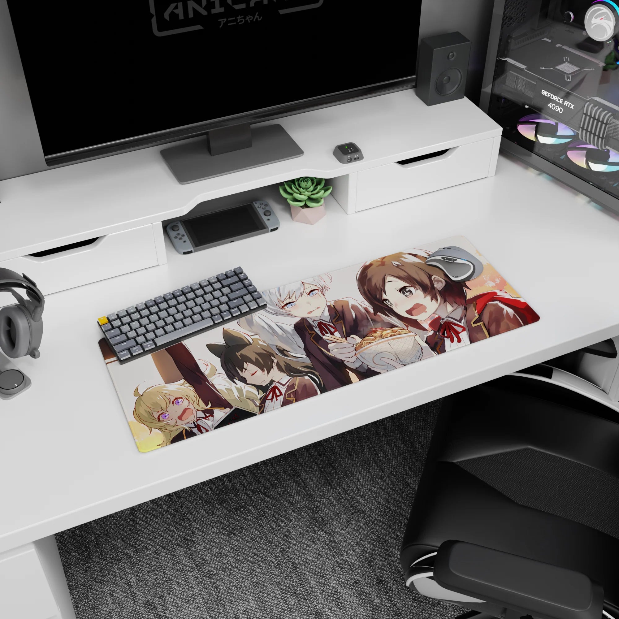 Anime girl mouse pad 32x12 inches showing four blushing schoolgirls crammed together, guarding a steaming bowl.