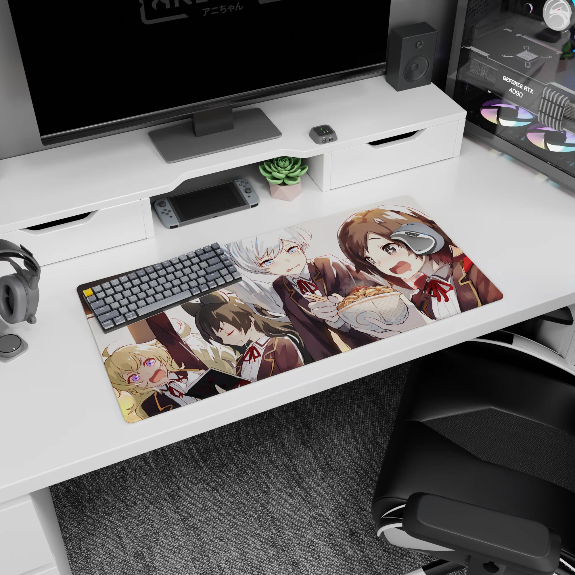 32x16 inches anime girl mouse pad of four blushing girls crammed together, one clutching hot noodles on a train.