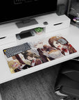 32x16 inches anime girl mouse pad of four blushing girls crammed together, one clutching hot noodles on a train.