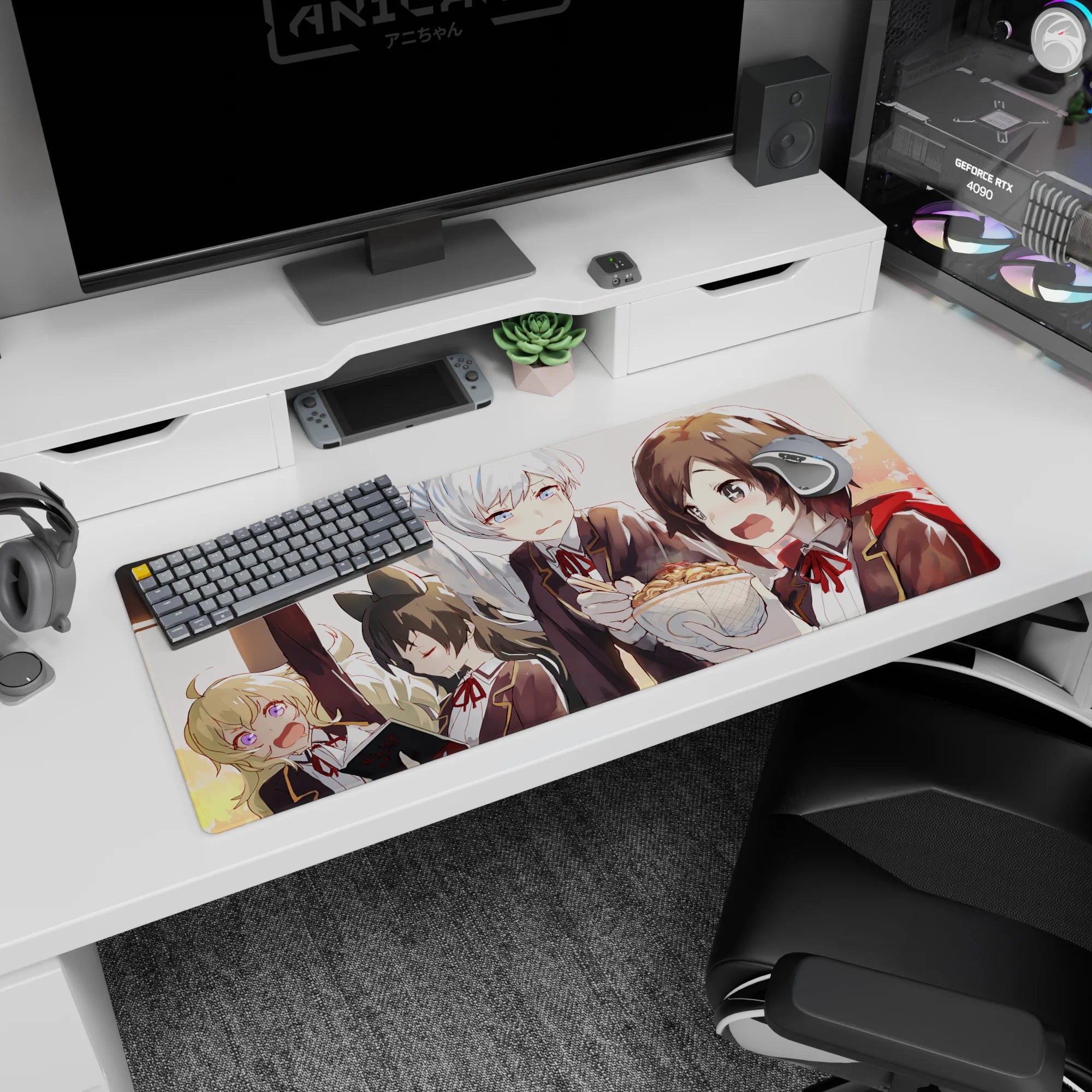 36x16 inches anime girl desk pad showing four blushing students packed together, wide-eyed over a hot bowl.