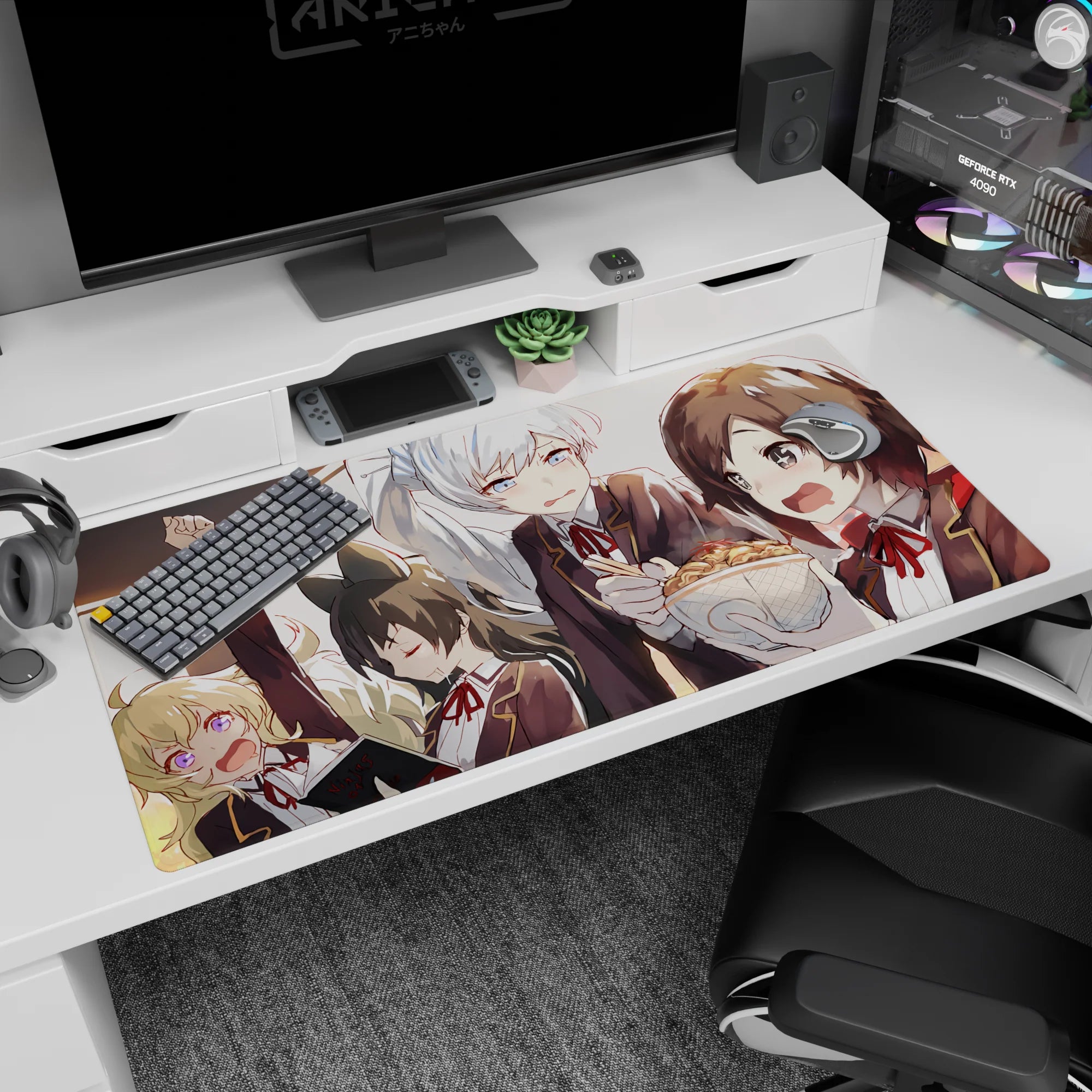 Anime girl desk pad 40x20 inches featuring girls crammed together as one guards a steaming bowl like treasure.