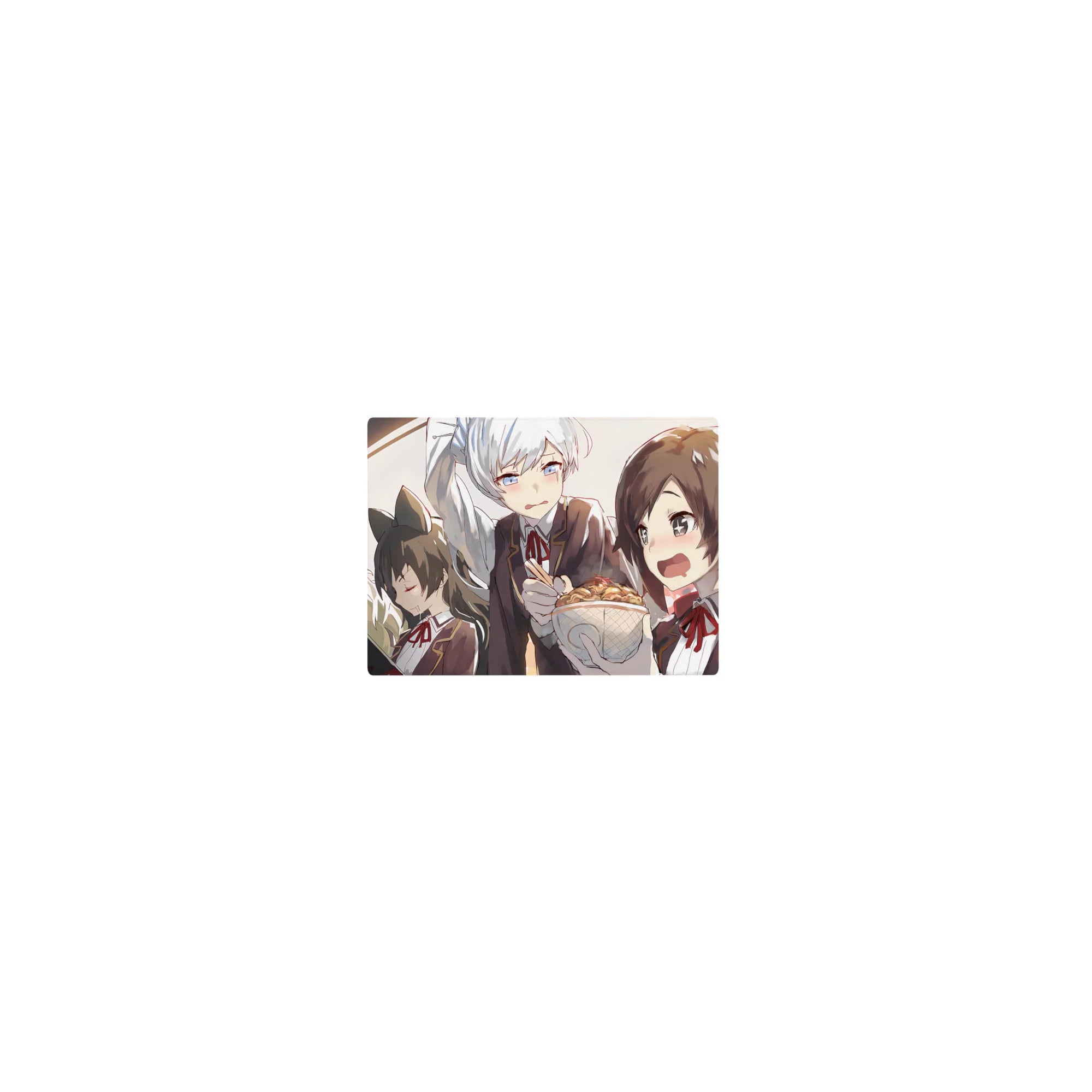 Classic anime girl mouse pad 14x10 inches, four schoolgirls packed on a train with a steaming bowl.