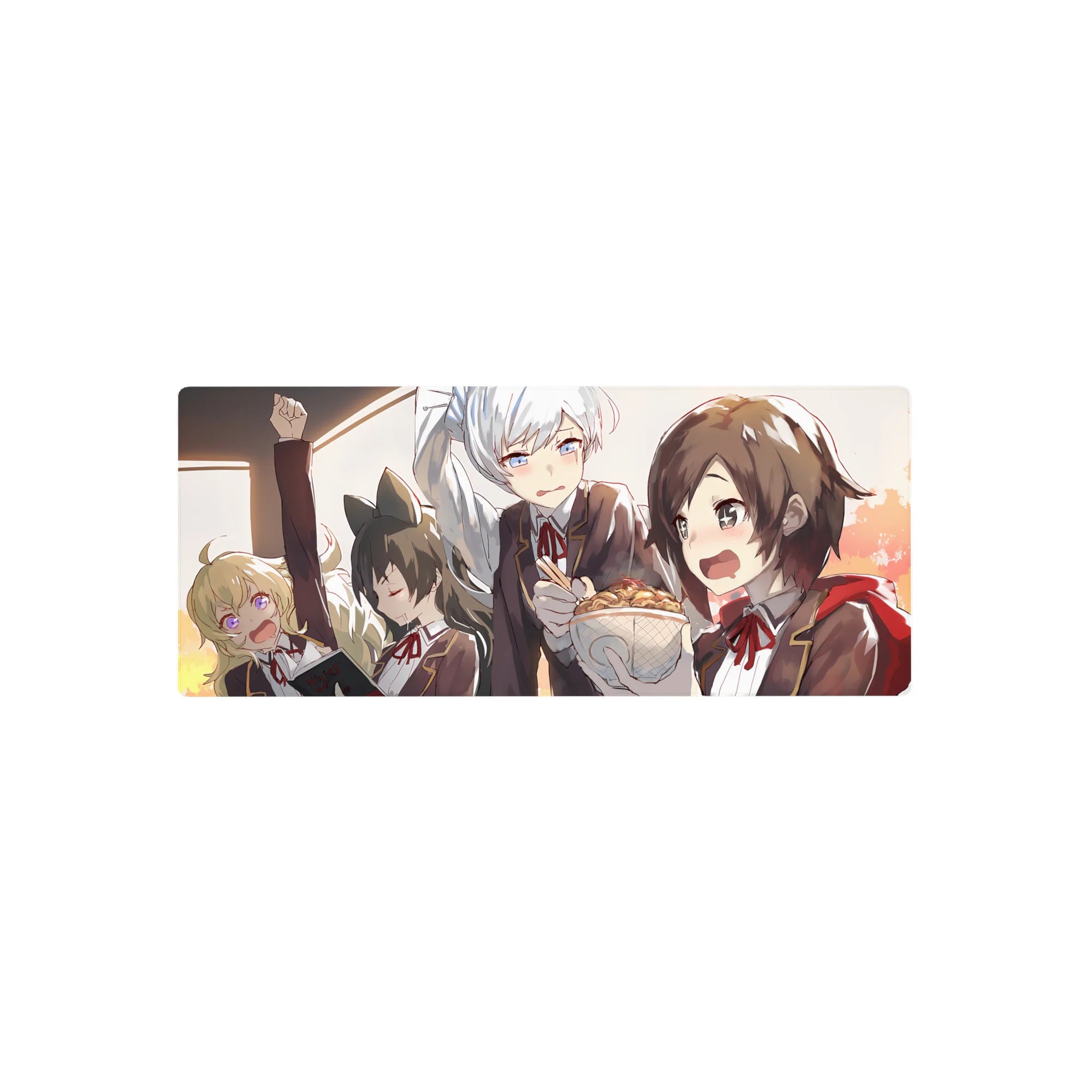 28x12 inches anime girl mouse pad with four schoolgirls crammed on a train, cozy commute scene.