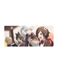 28x12 inches anime girl mouse pad with four schoolgirls crammed on a train, cozy commute scene.