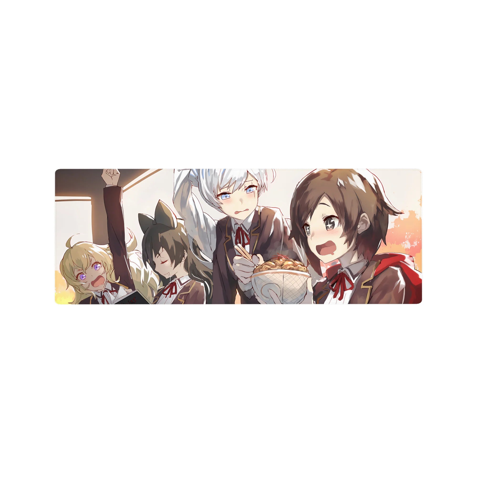 Anime girl mouse pad 32x12 inches with four schoolgirls on a crowded train, vivid desk mat print.
