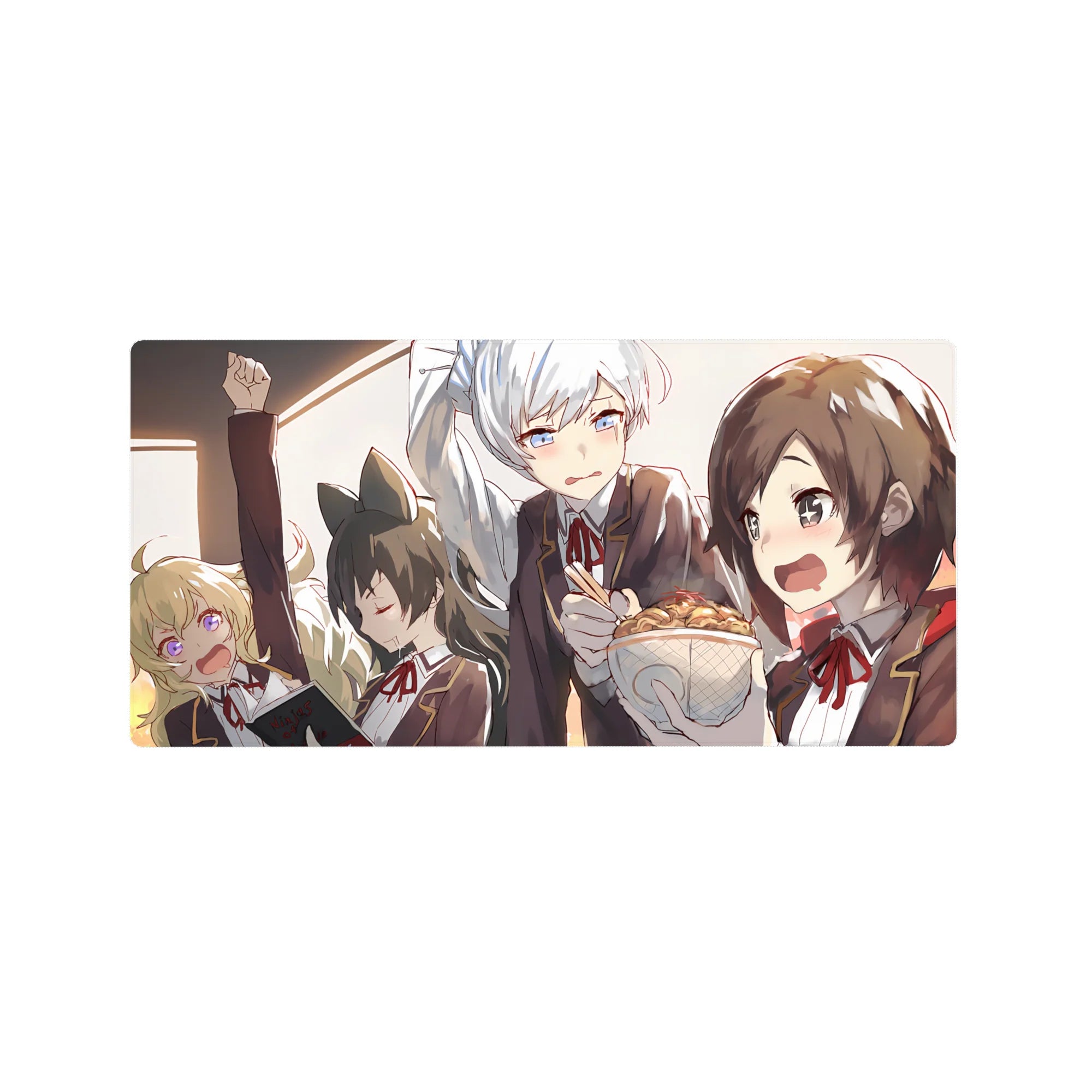 32x16 inches anime girl mouse pad with four schoolgirls squeezed on a train, guarding a steaming bowl.