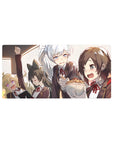 32x16 inches anime girl mouse pad with four schoolgirls squeezed on a train, guarding a steaming bowl.