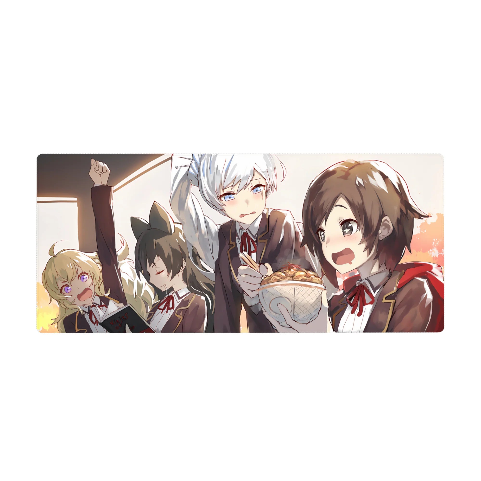 36x16 inches anime girl desk pad with four schoolgirls squeezed on a train, one guarding a steaming bowl.