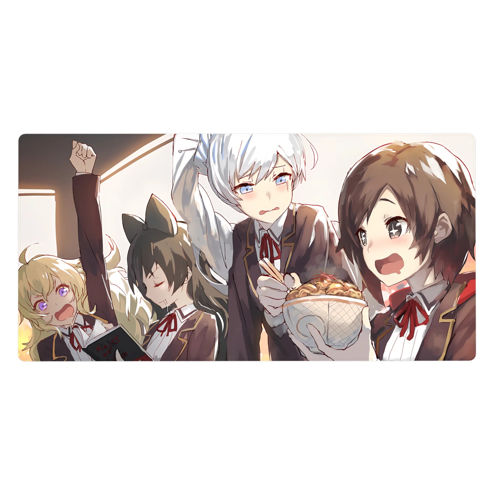 Anime girl desk pad 40x20 inches with four schoolgirls in blazers and red ribbons on a crowded commute.