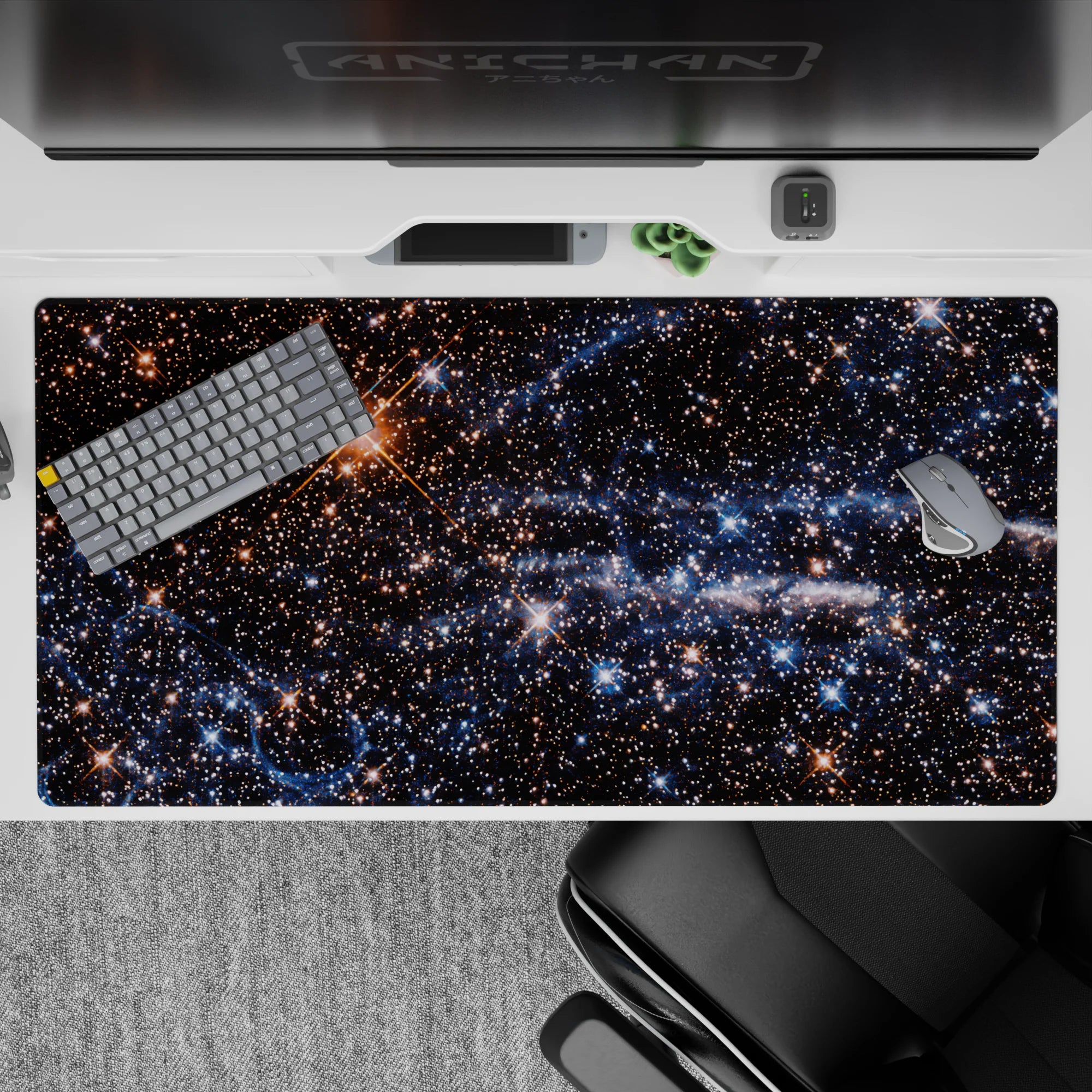 Deep inky blue and midnight black desk pad 40x20 inches with calming warm gold star accents.