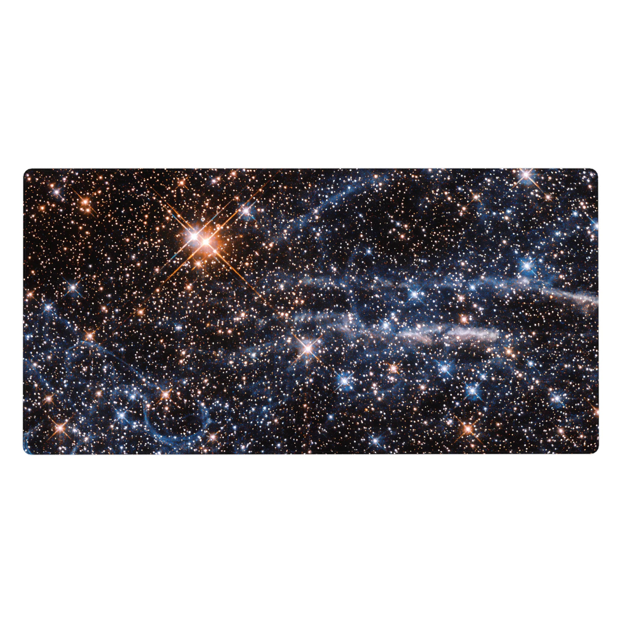 Starry night sky desk pad 40x20 inches with swirling galaxy pattern and twinkling gold stars.