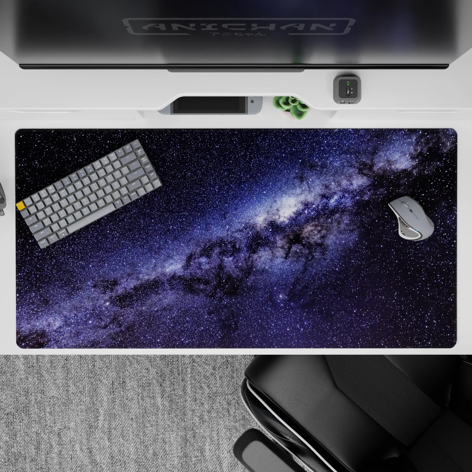 Deep navy and inky purple galaxy desk pad, calm dreamy mood, large 40x20 inches.