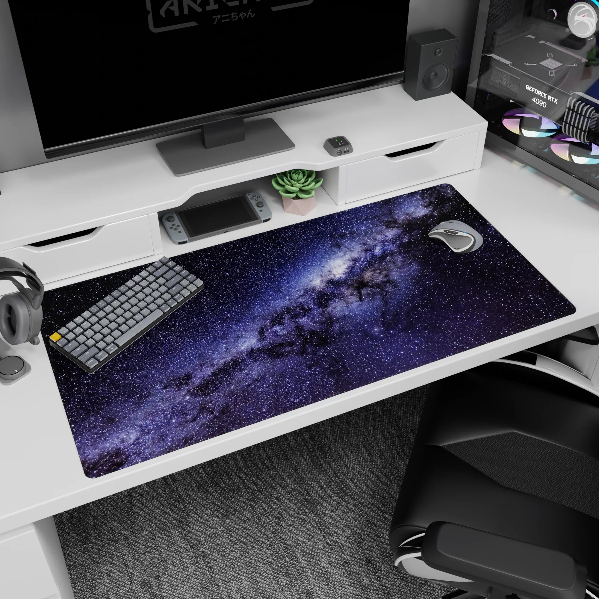 Night sky scene desk pad with tiny star speckles and dusty light fade, 40x20 inches.