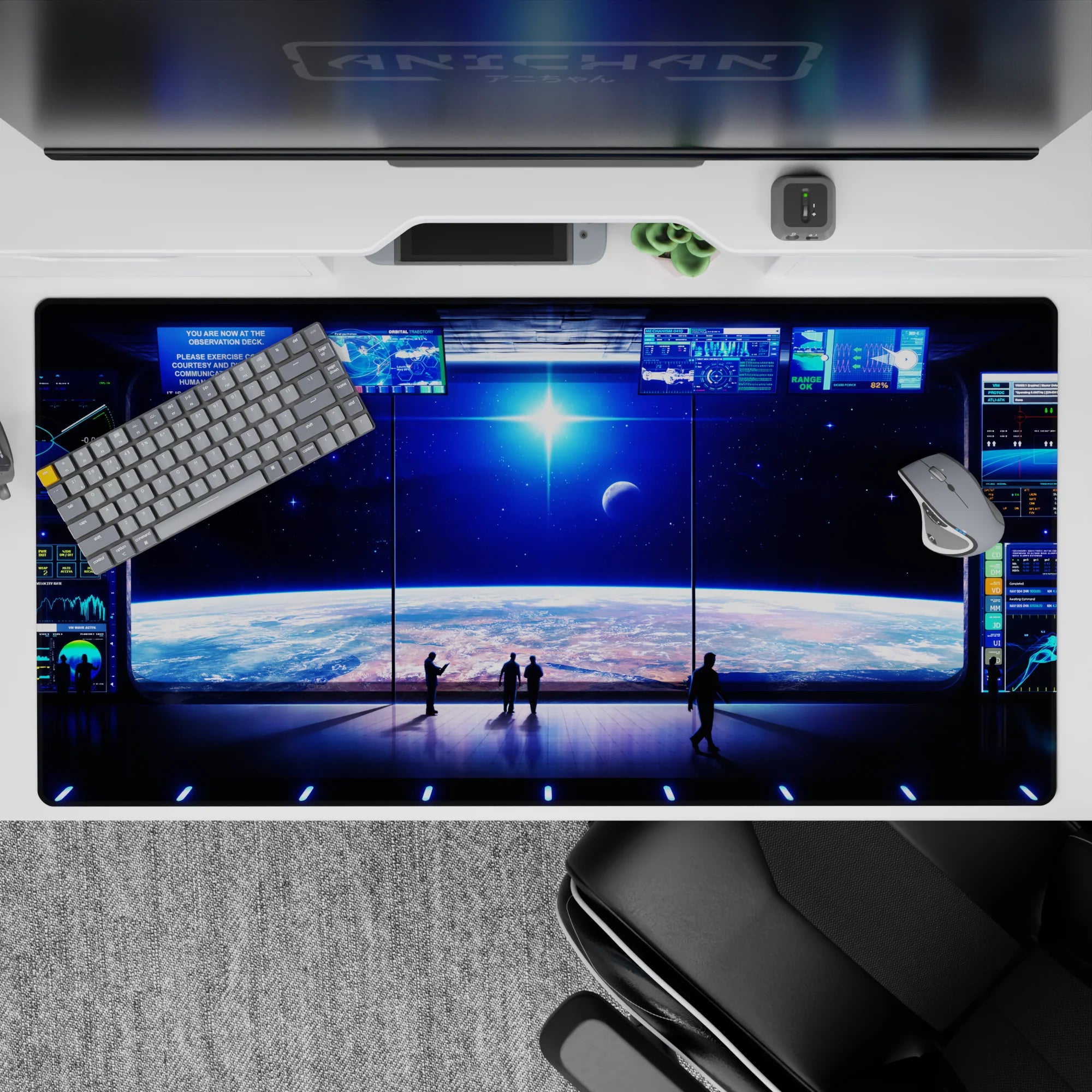 Dark space blue desk pad 40x20 inches with tiny stars, cool neon glow, and calming midnight vibe.